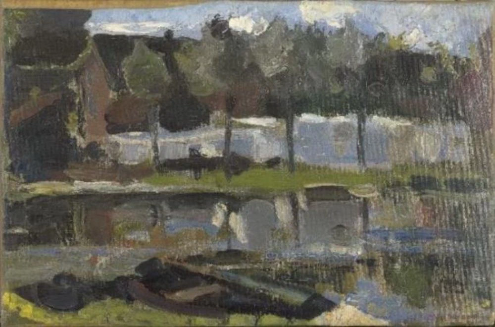 Stretto fabbricato agricolo e alberi lungo l'acqua - Kunstmuseum Den Haag
